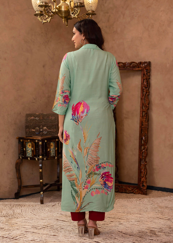 Juniper Mint Floral Printed Viscose Kurta with Shell Buttons - Distacart