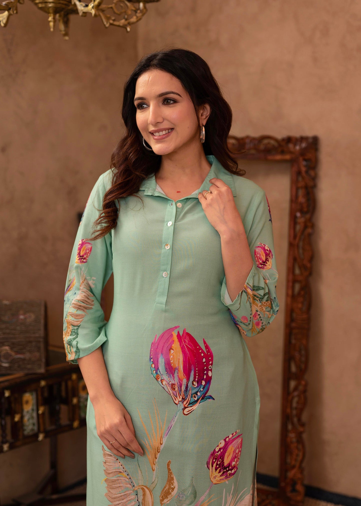 Juniper Mint Floral Printed Viscose Kurta with Shell Buttons - Distacart
