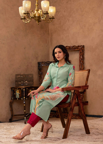 Juniper Mint Floral Printed Viscose Kurta with Shell Buttons - Distacart