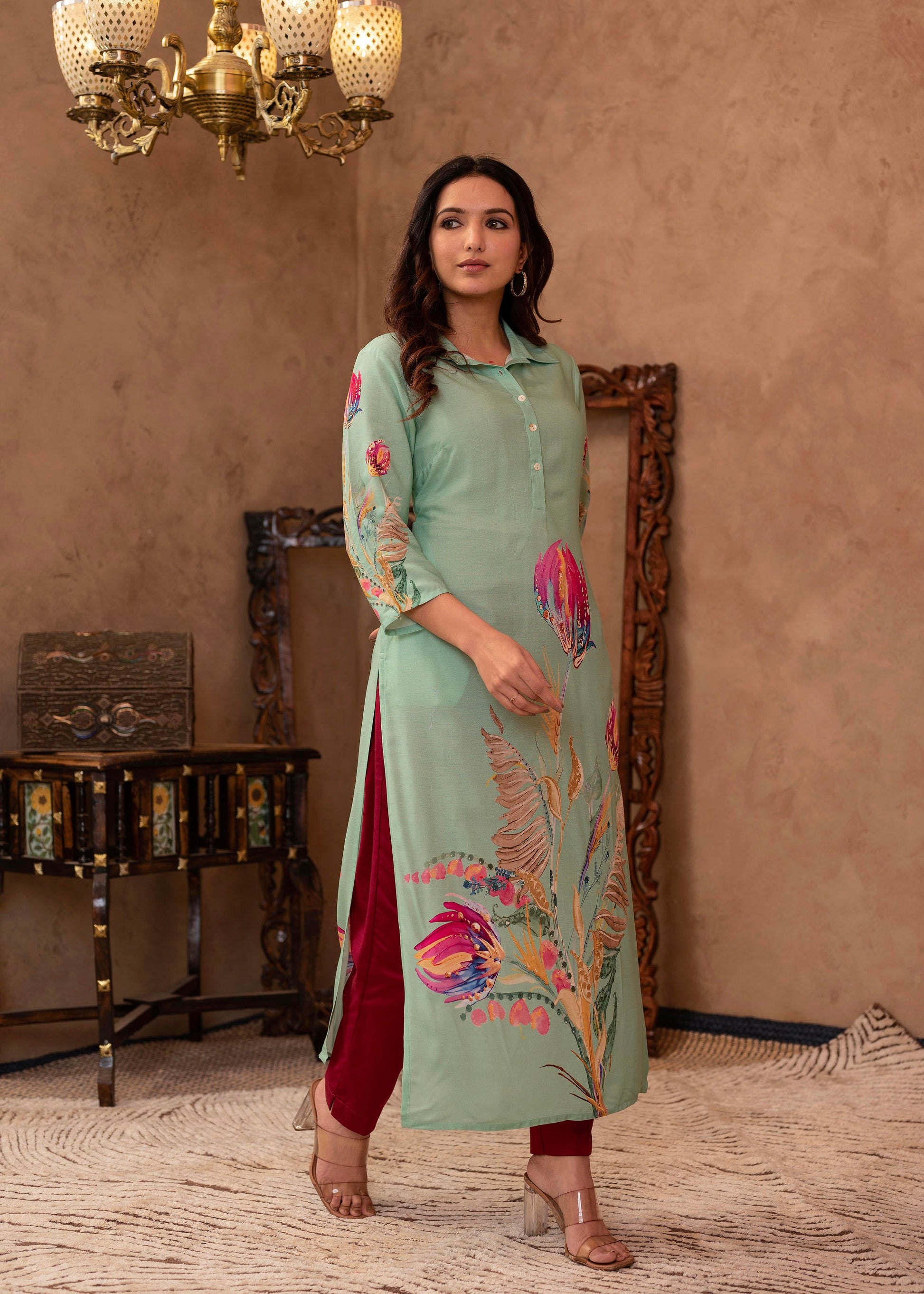 Juniper Mint Floral Printed Viscose Kurta with Shell Buttons - Distacart