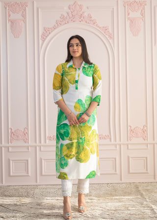 Juniper Green Floral Printed Viscose Kurta with Button Closure - Distacart
