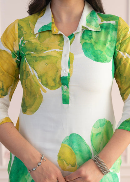 Juniper Green Floral Printed Viscose Kurta with Button Closure - Distacart