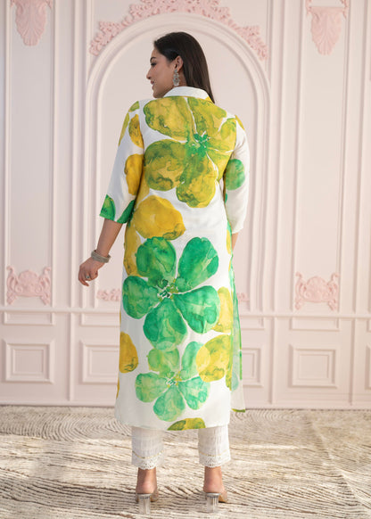 Juniper Green Floral Printed Viscose Kurta with Button Closure - Distacart