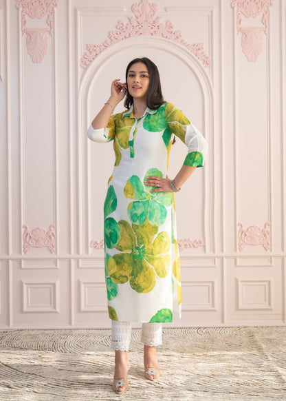 Juniper Green Floral Printed Viscose Kurta with Button Closure - Distacart