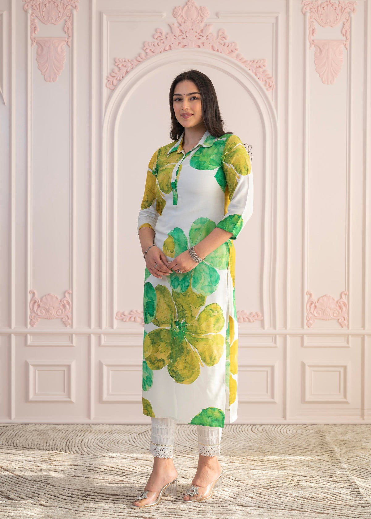 Juniper Green Floral Printed Viscose Kurta with Button Closure - Distacart