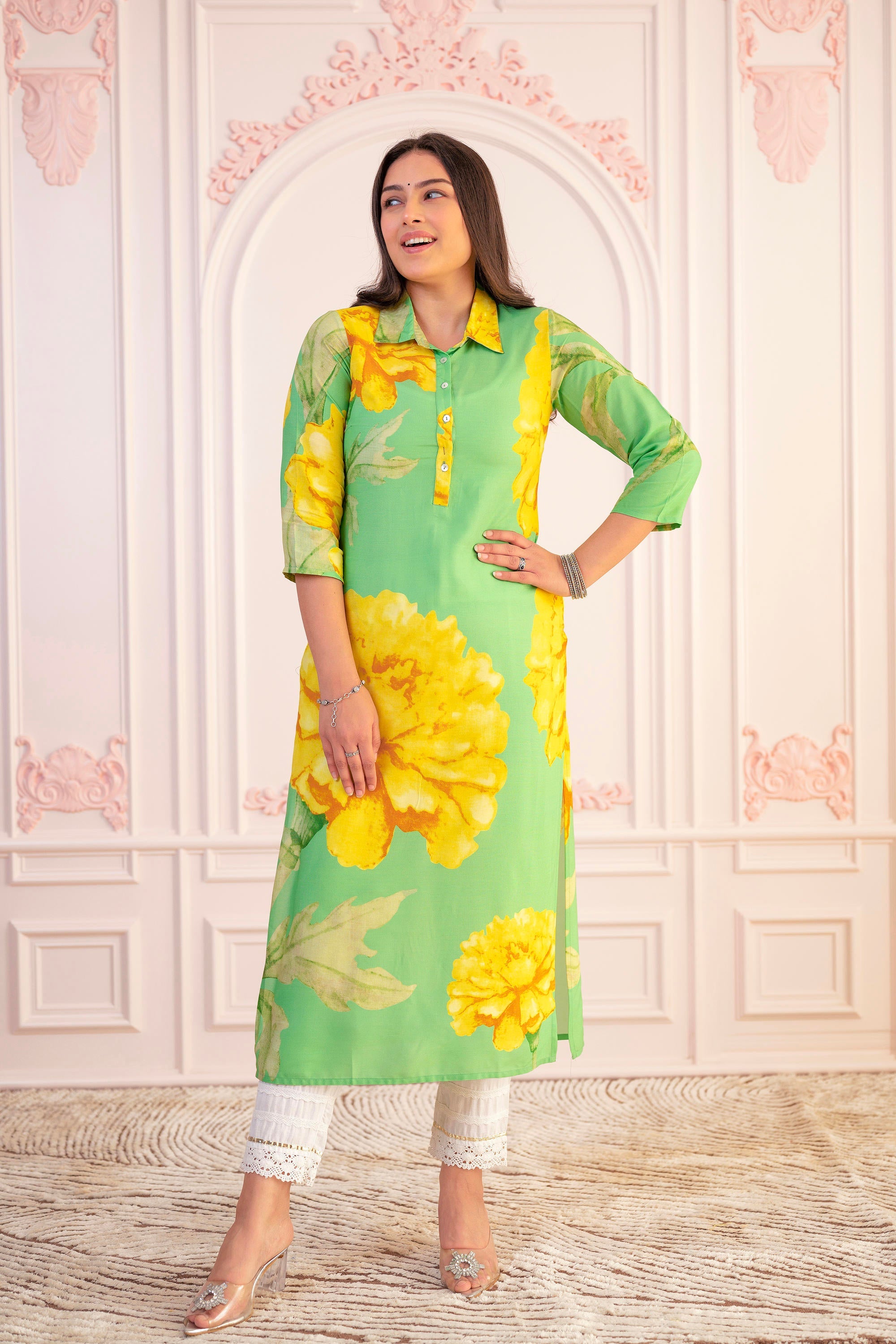 Juniper Green & Yellow Printed Viscose Kurta With Button Details