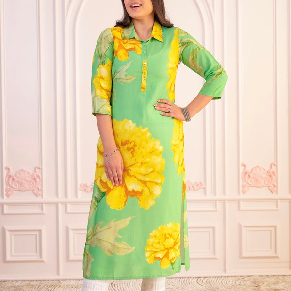 Juniper Green & Yellow Printed Viscose Kurta With Button Details