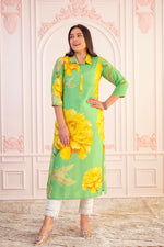 Thumbnail for Juniper Green & Yellow Printed Viscose Kurta With Button Details