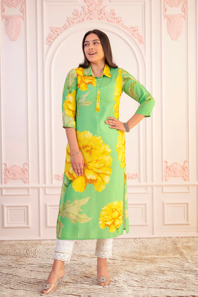 Juniper Green & Yellow Printed Viscose Kurta With Button Details