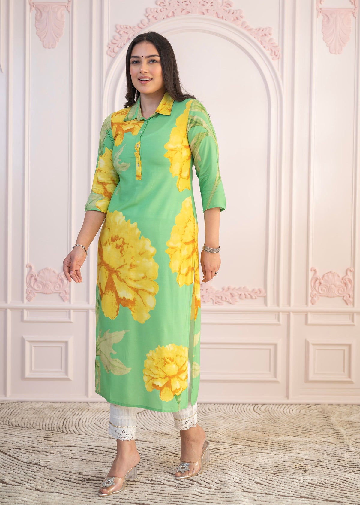 Juniper Green & Yellow Printed Viscose Kurta with Button Details - Distacart
