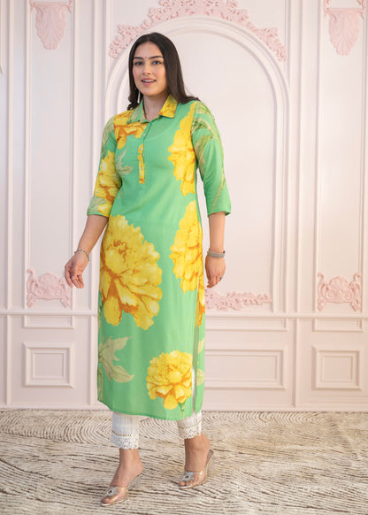 Juniper Green & Yellow Printed Viscose Kurta with Button Details - Distacart