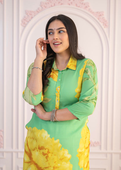 Juniper Green & Yellow Printed Viscose Kurta with Button Details - Distacart
