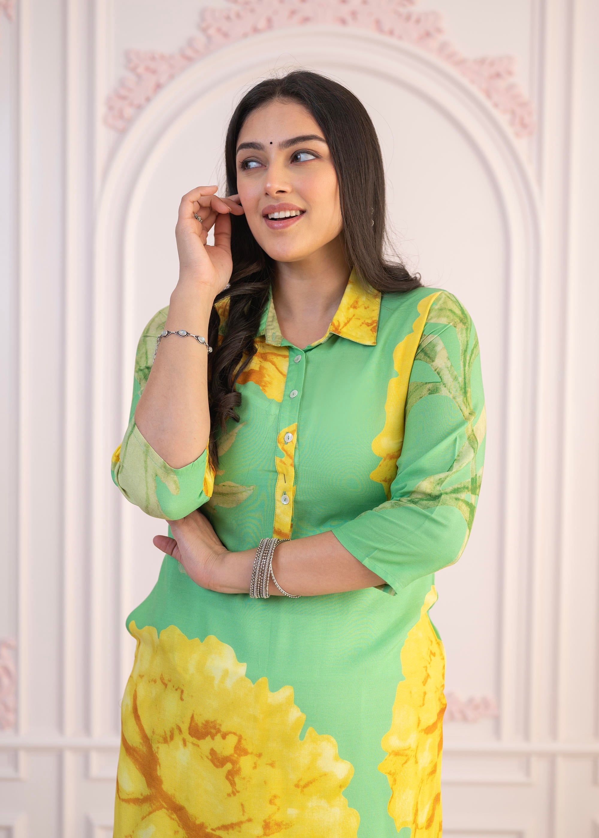 Juniper Green & Yellow Printed Viscose Kurta With Button Details