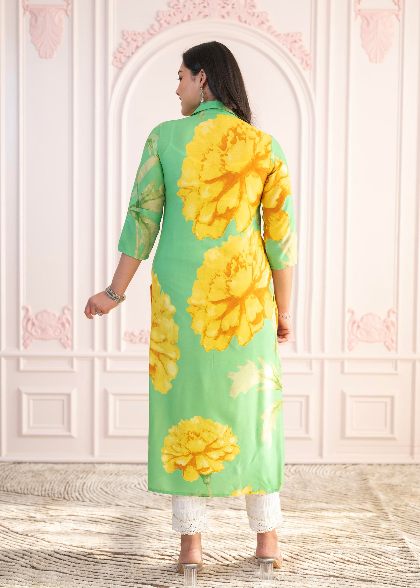 Juniper Green & Yellow Printed Viscose Kurta With Button Details - Distacart