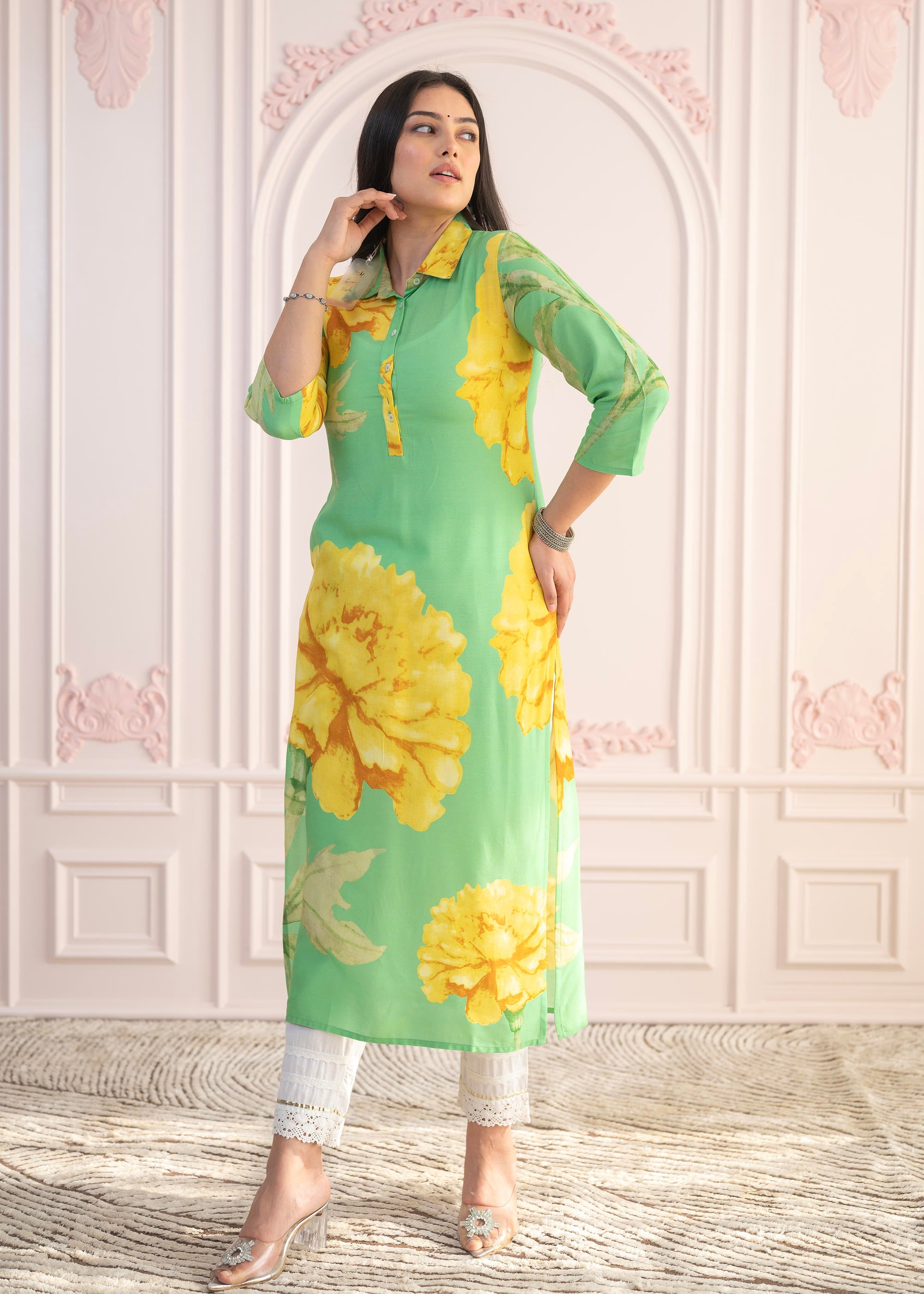 Juniper Green & Yellow Printed Viscose Kurta With Button Details