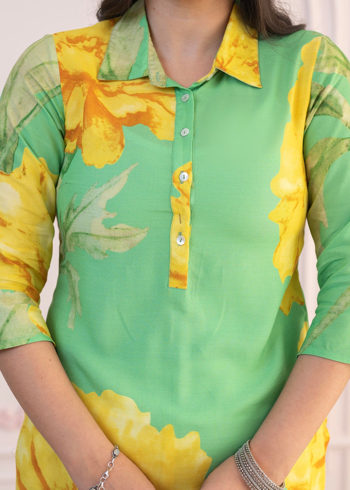 Juniper Green & Yellow Printed Viscose Kurta with Button Details - Distacart