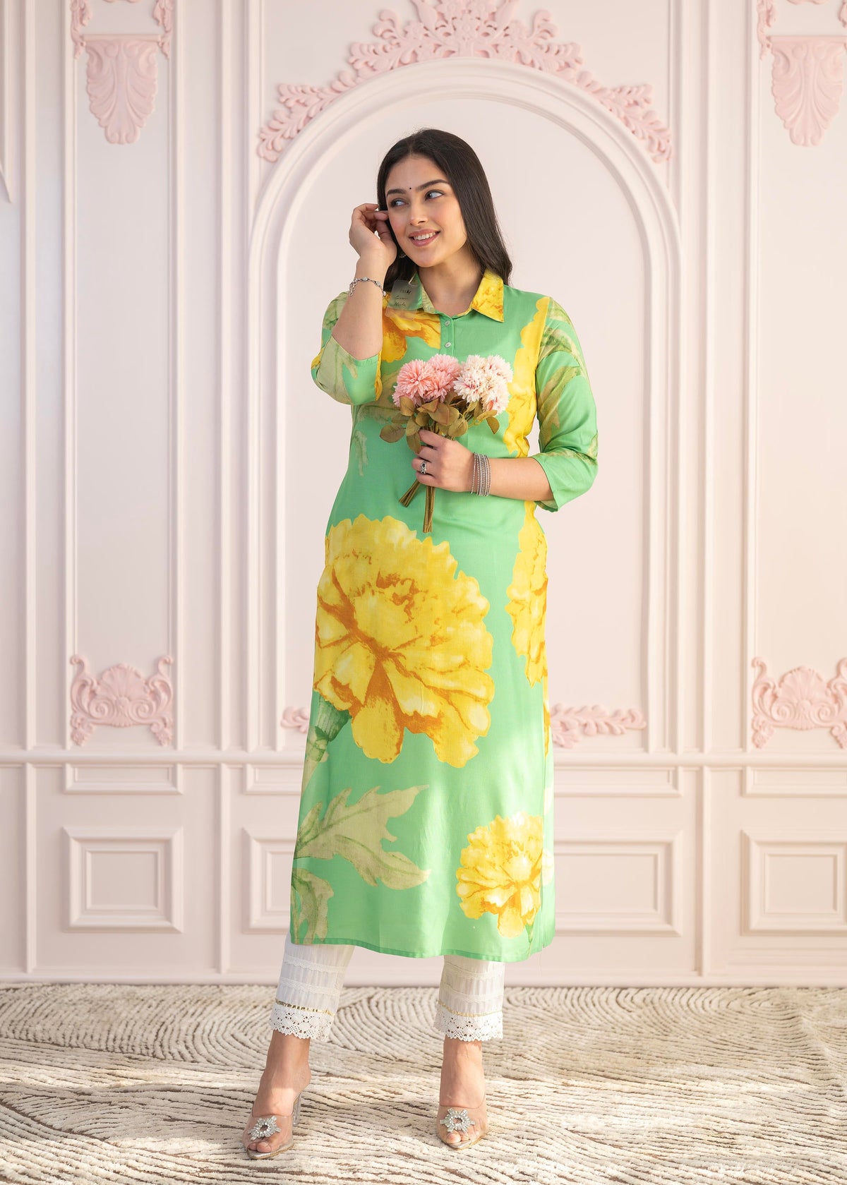 Juniper Green & Yellow Printed Viscose Kurta with Button Details - Distacart