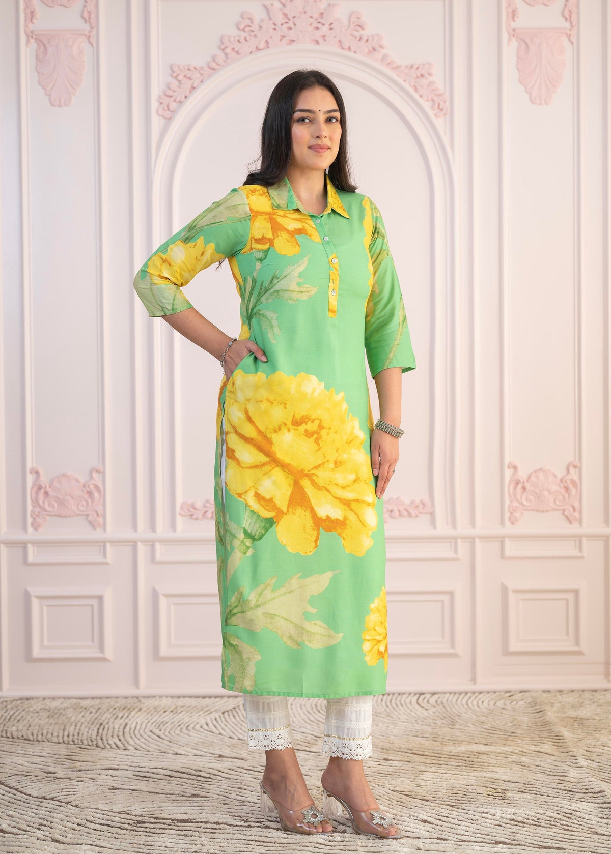 Juniper Green & Yellow Printed Viscose Kurta with Button Details - Distacart