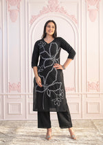 Thumbnail for Juniper Black Floral Embroidered Cotton Slub Kurta with Palazzo - Distacart