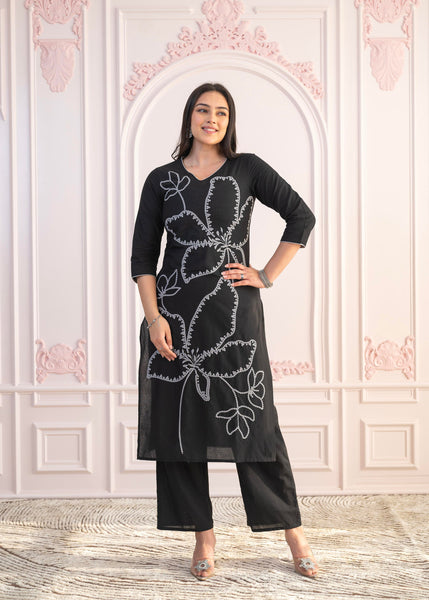 Juniper Black Floral Embroidered Cotton Slub Kurta with Palazzo - Distacart