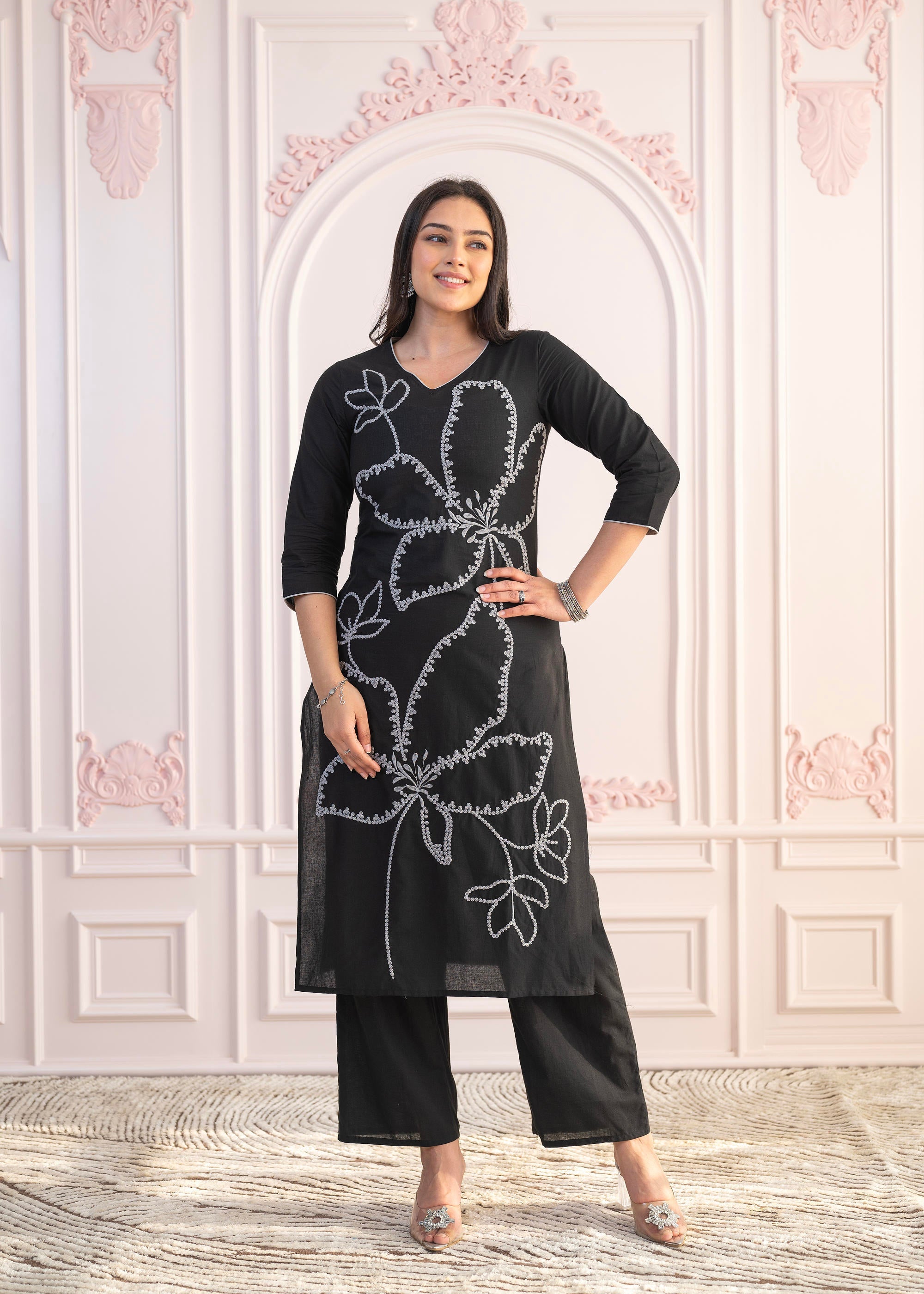 Juniper Black Floral Embroidered Cotton Slub Kurta With Palazzo - Distacart