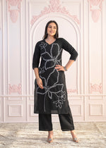 Thumbnail for Juniper Black Floral Embroidered Cotton Slub Kurta With Palazzo - Distacart