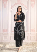 Thumbnail for Juniper Black Floral Embroidered Cotton Slub Kurta with Palazzo - Distacart