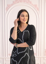 Thumbnail for Juniper Black Floral Embroidered Cotton Slub Kurta with Palazzo - Distacart