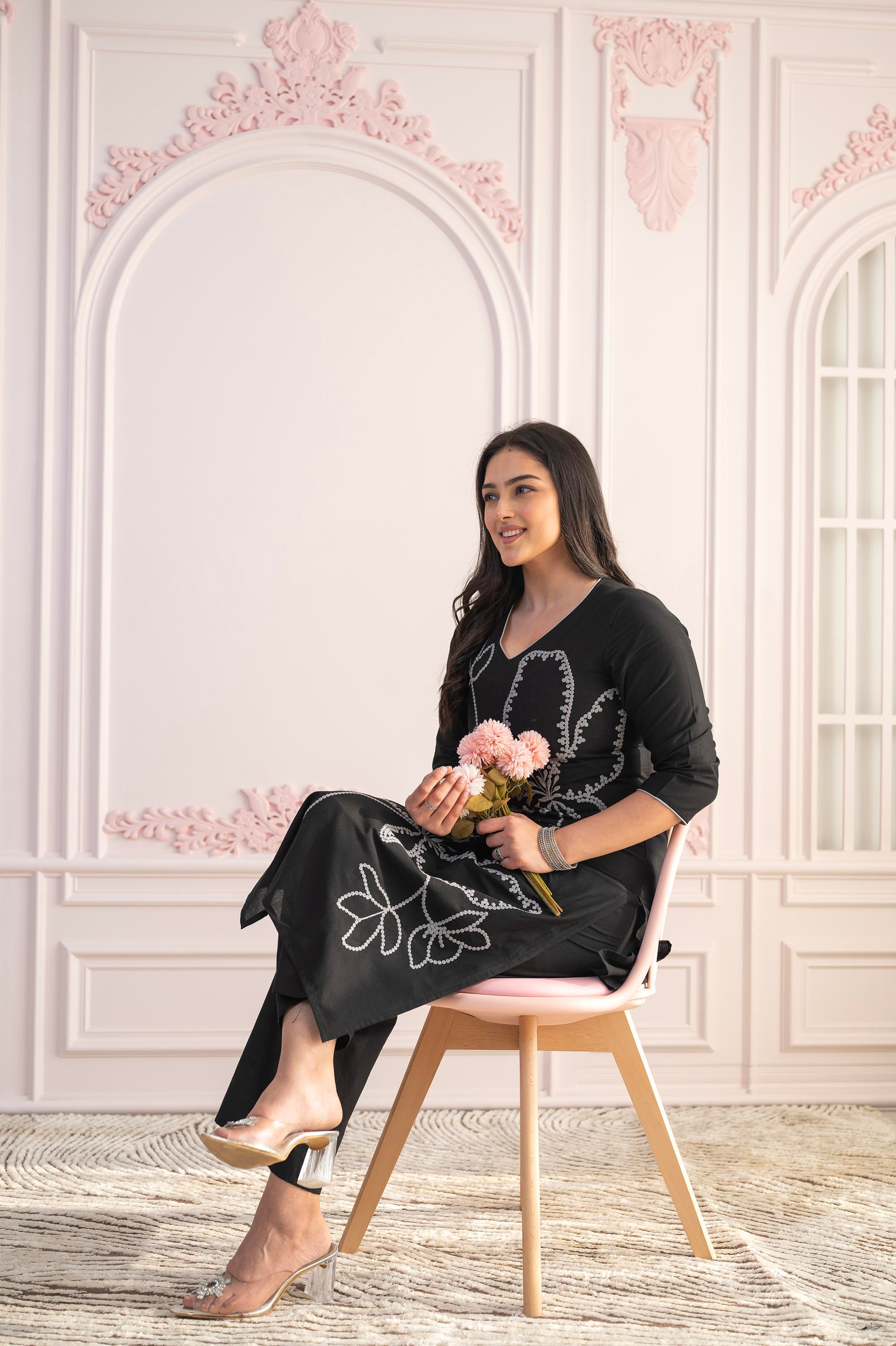Juniper Black Floral Embroidered Cotton Slub Kurta with Palazzo - Distacart