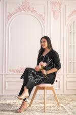 Thumbnail for Juniper Black Floral Embroidered Cotton Slub Kurta With Palazzo - Distacart