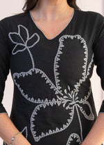 Thumbnail for Juniper Black Floral Embroidered Cotton Slub Kurta with Palazzo - Distacart
