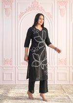Thumbnail for Juniper Black Floral Embroidered Cotton Slub Kurta with Palazzo - Distacart