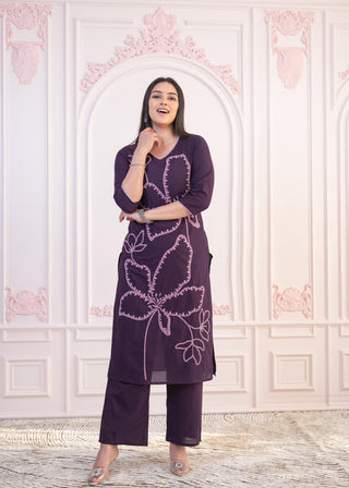Juniper Purple Floral Embroidered Cotton Kurta with Palazzo - Distacart