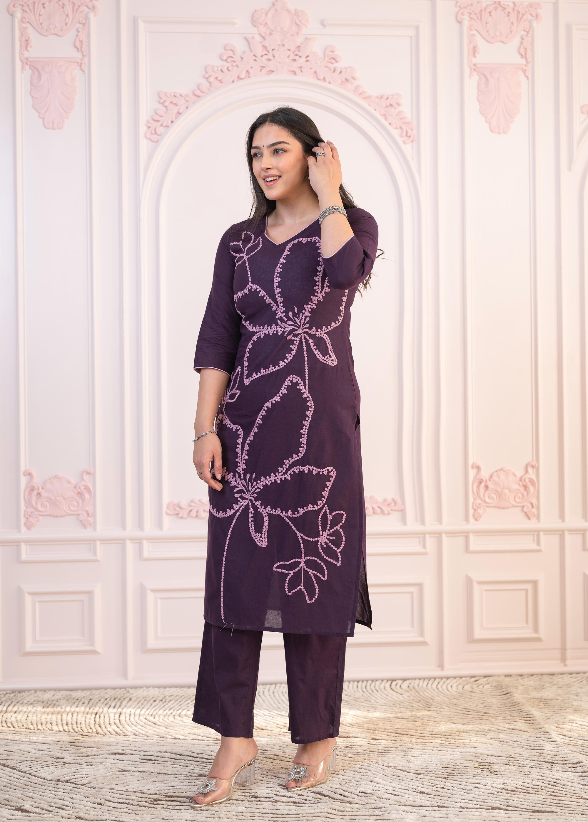 Juniper Purple Floral Embroidered Cotton Kurta with Palazzo - Distacart