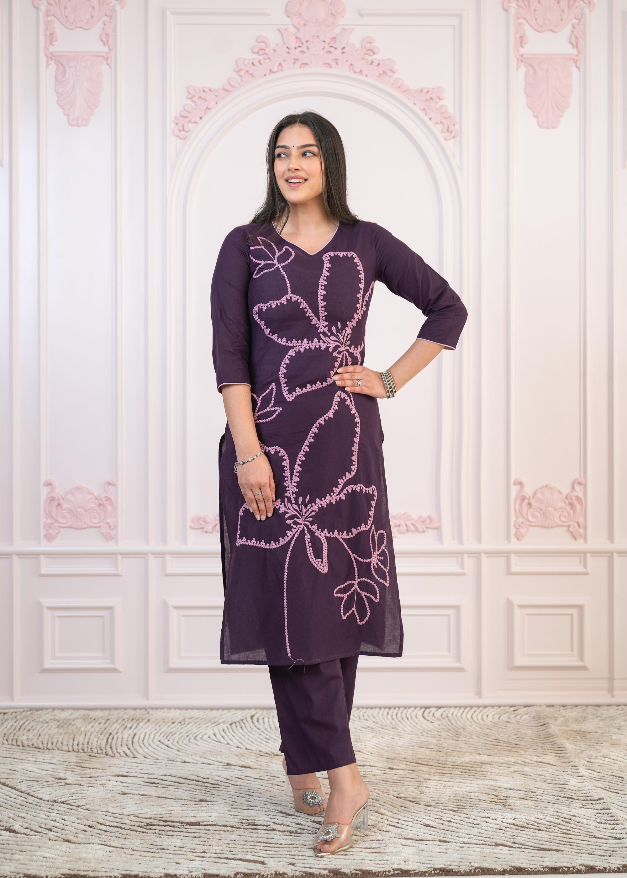 Juniper Purple Floral Embroidered Cotton Kurta With Palazzo - Distacart