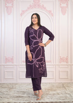 Thumbnail for Juniper Purple Floral Embroidered Cotton Kurta With Palazzo - Distacart