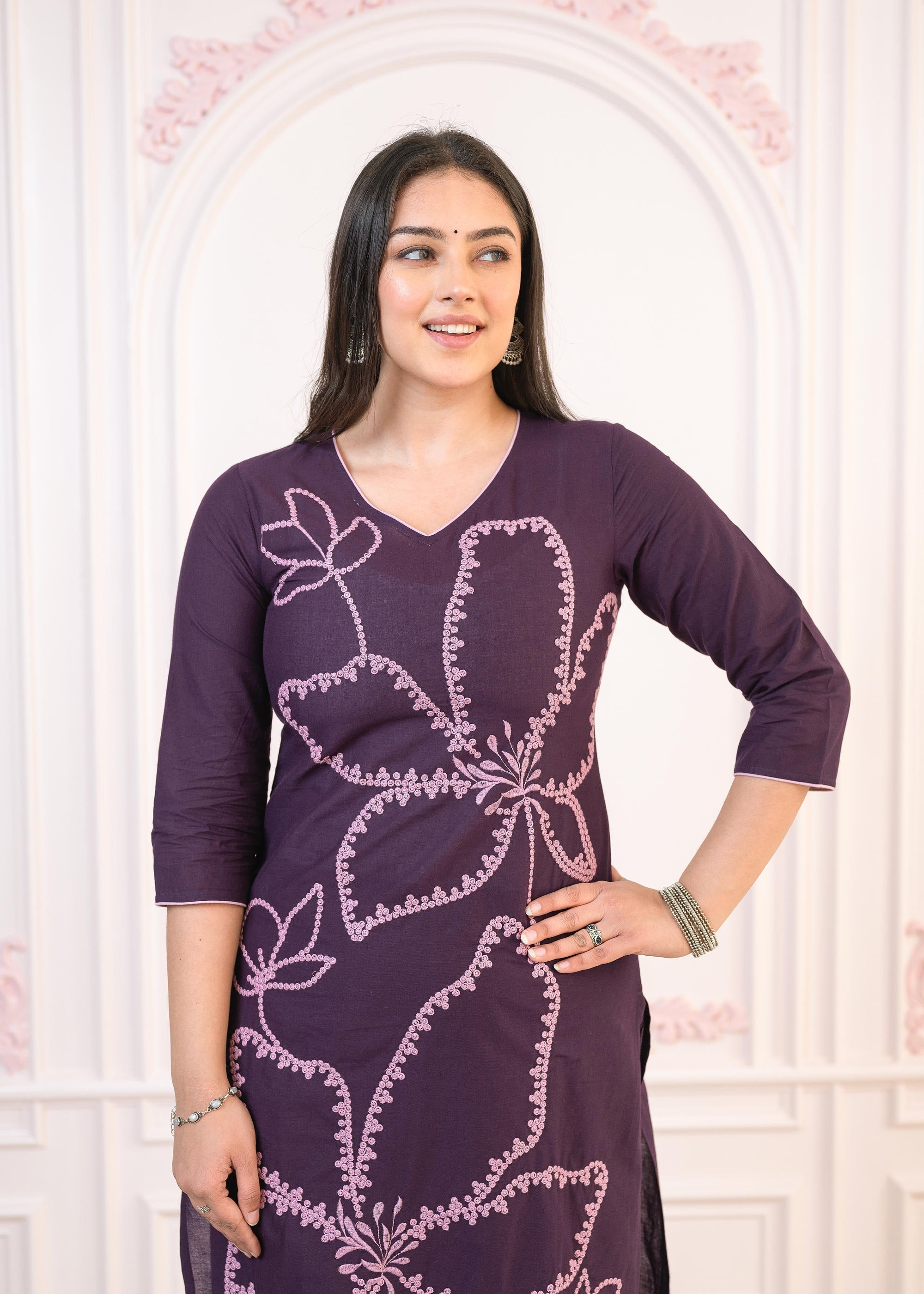 Juniper Purple Floral Embroidered Cotton Kurta With Palazzo - Distacart