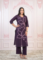 Thumbnail for Juniper Purple Floral Embroidered Cotton Kurta with Palazzo - Distacart
