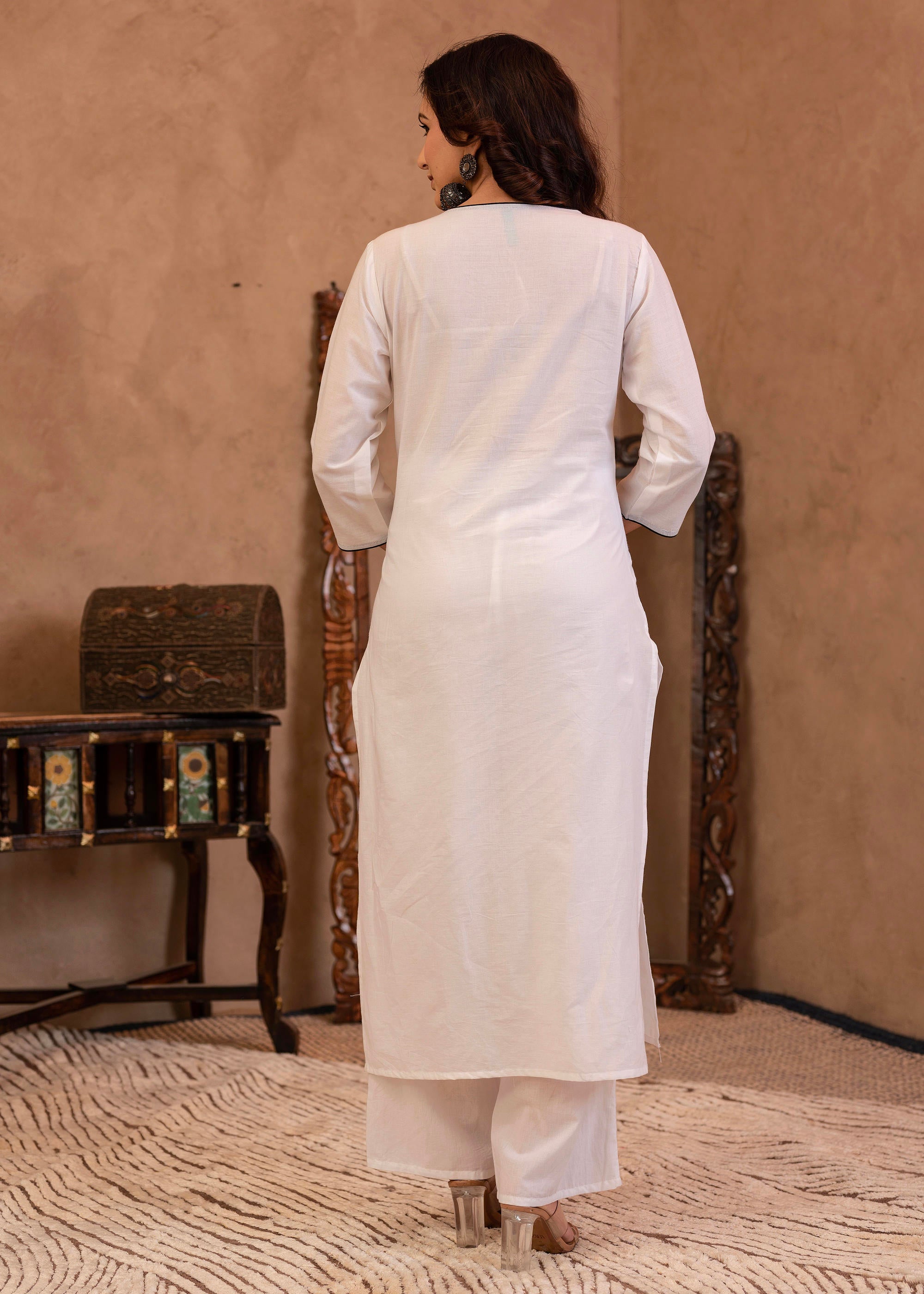 Juniper White Floral Embroidered Cotton Kurta With Palazzo - Distacart