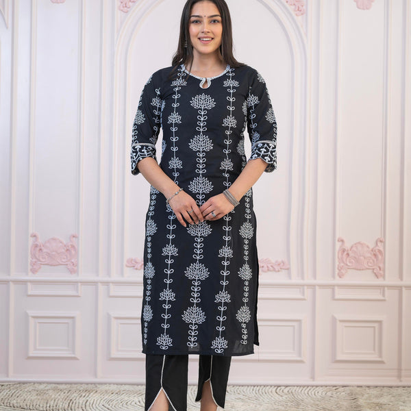 Juniper Black Cotton Slub Embroidered Kurta-Pant Set With Thread Work & Cotton Lace
