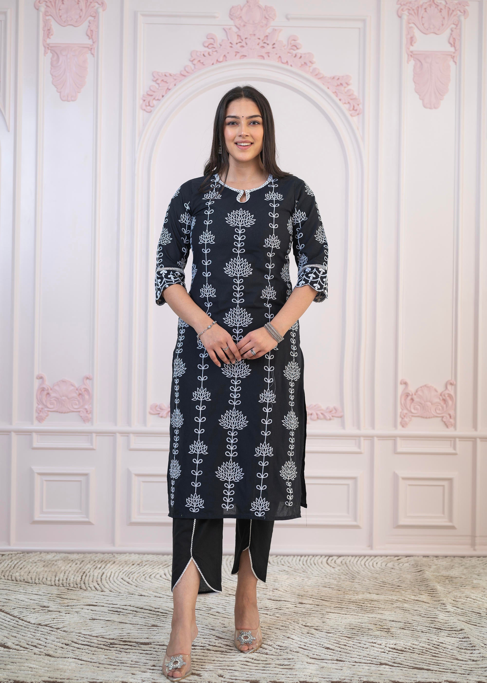 Juniper Black Cotton Slub Embroidered Kurta-Pant Set With Thread Work & Cotton Lace - Distacart