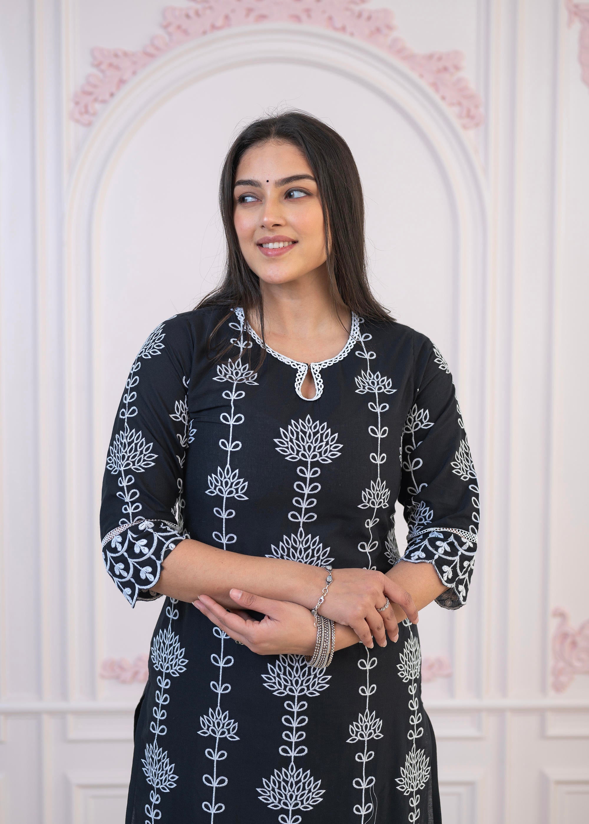 Juniper Black Cotton Slub Embroidered Kurta-Pant Set with Thread Work & Cotton Lace - Distacart