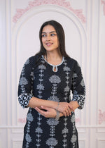 Thumbnail for Juniper Black Cotton Slub Embroidered Kurta-Pant Set With Thread Work & Cotton Lace