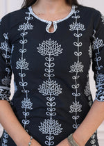 Thumbnail for Juniper Black Cotton Slub Embroidered Kurta-Pant Set With Thread Work & Cotton Lace