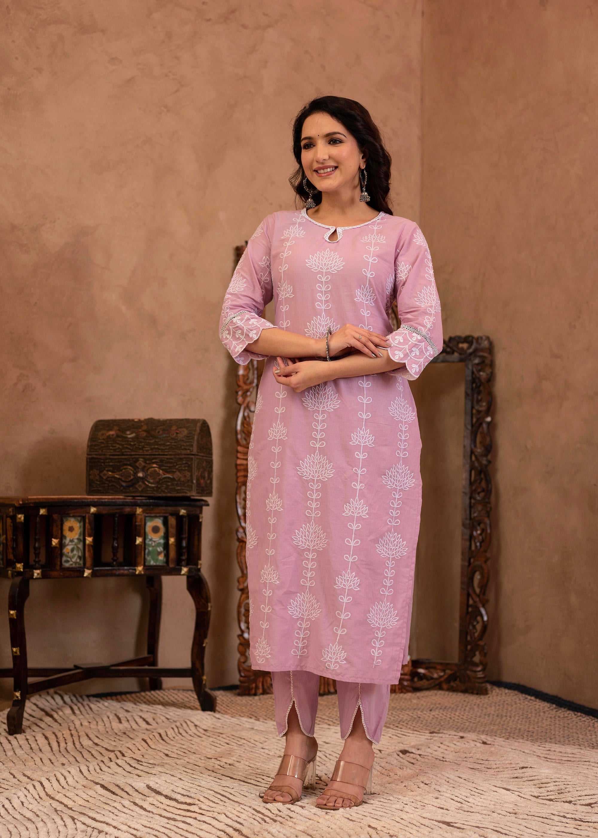 Juniper Lavender Embroidered Cotton Kurta With Palazzo & Cotton Sleeves - Distacart