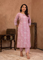 Thumbnail for Juniper Lavender Embroidered Cotton Kurta with Palazzo & Cotton Sleeves - Distacart