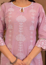 Thumbnail for Juniper Lavender Embroidered Cotton Kurta with Palazzo & Cotton Sleeves - Distacart