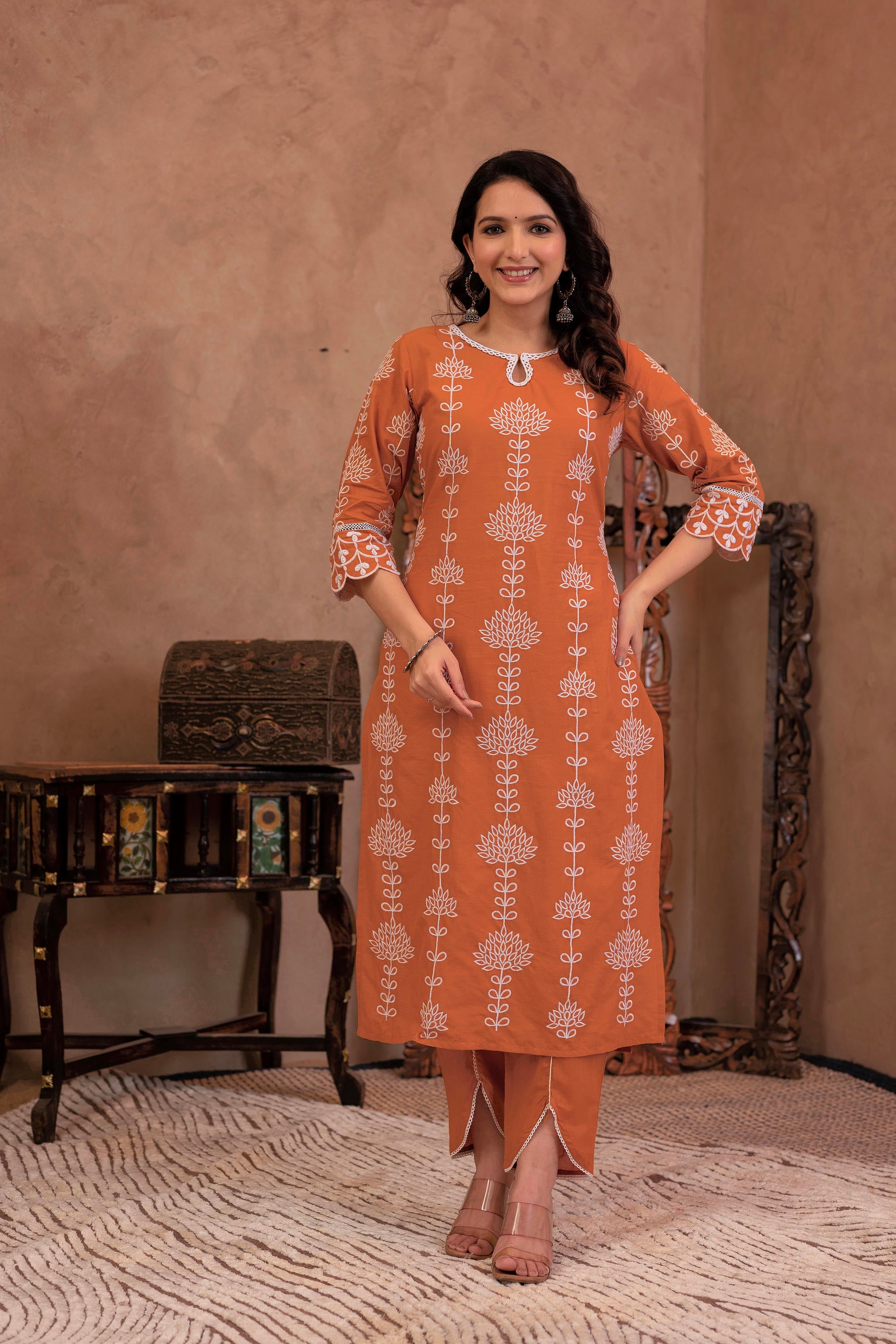 Juniper Rust Embroidered Cotton Kurta with Palazzo & Lace Details - Distacart
