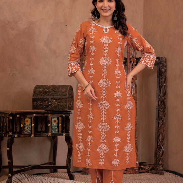 Juniper Rust Embroidered Cotton Kurta with Palazzo & Lace Details - Distacart