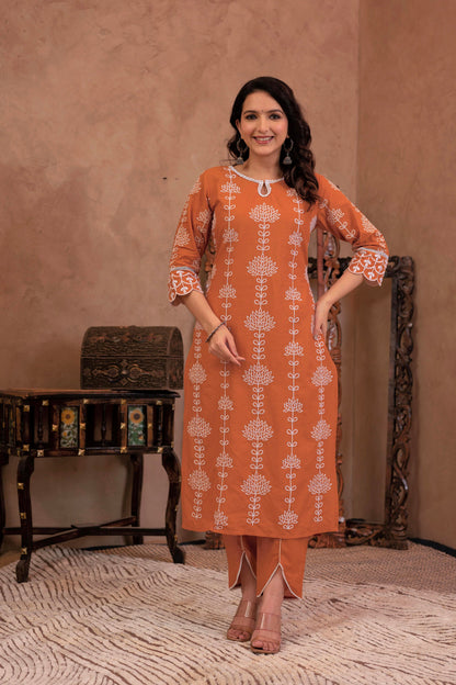 Juniper Rust Embroidered Cotton Kurta with Palazzo & Lace Details - Distacart